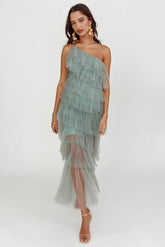 Arrabel Tiered Ruffle Tulle Maxi Dress Sage