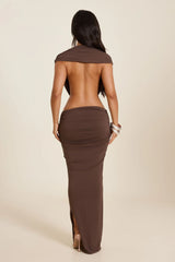 The Tori Ruched Maxi Dress in Brown