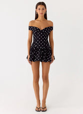 Endless Romance Off Shoulder Mini Dress - Black Polkadot