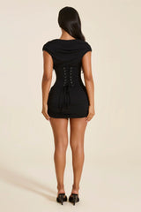 The Sandra Corset Plunge Mini Dress in Black