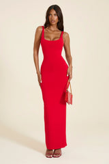 The Sandra Scoop Corset Maxi Dress in Bright Red