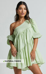 Harleen Mini Dress - Linen Asymmetrical Trim Puff Sleeve Dress in Sage