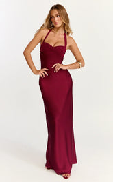 Flynn Maxi Dress - Satin Halter Sweetheart Neck Dress In Wine