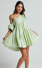 Harleen Mini Dress - Linen Asymmetrical Trim Puff Sleeve Dress in Sage