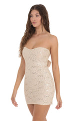 Sequin Lace Strapless Dress in Beige
