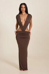 The Tori Ruched Maxi Dress in Brown