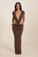 The Tori Ruched Maxi Dress in Brown