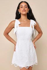 Lovable Aesthetic White Embroidered Tie-Strap Mini Dress