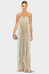 Metallic Pleated Strapless Gown