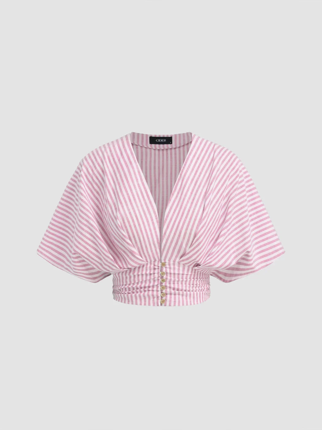Cotton-blend V-neck Stripe Ruched Dolman Sleeve Shirt