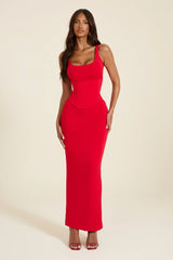 The Sandra Scoop Corset Maxi Dress in Bright Red