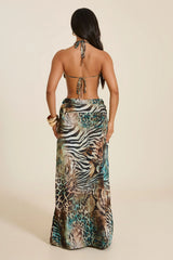 The Ari Maxi Dress in Teal Animal Print