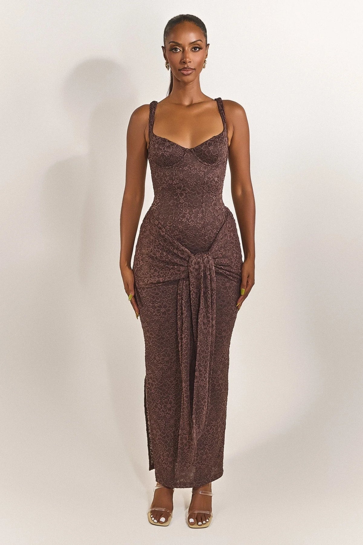 The Tie Front Maxi Dress in Brown