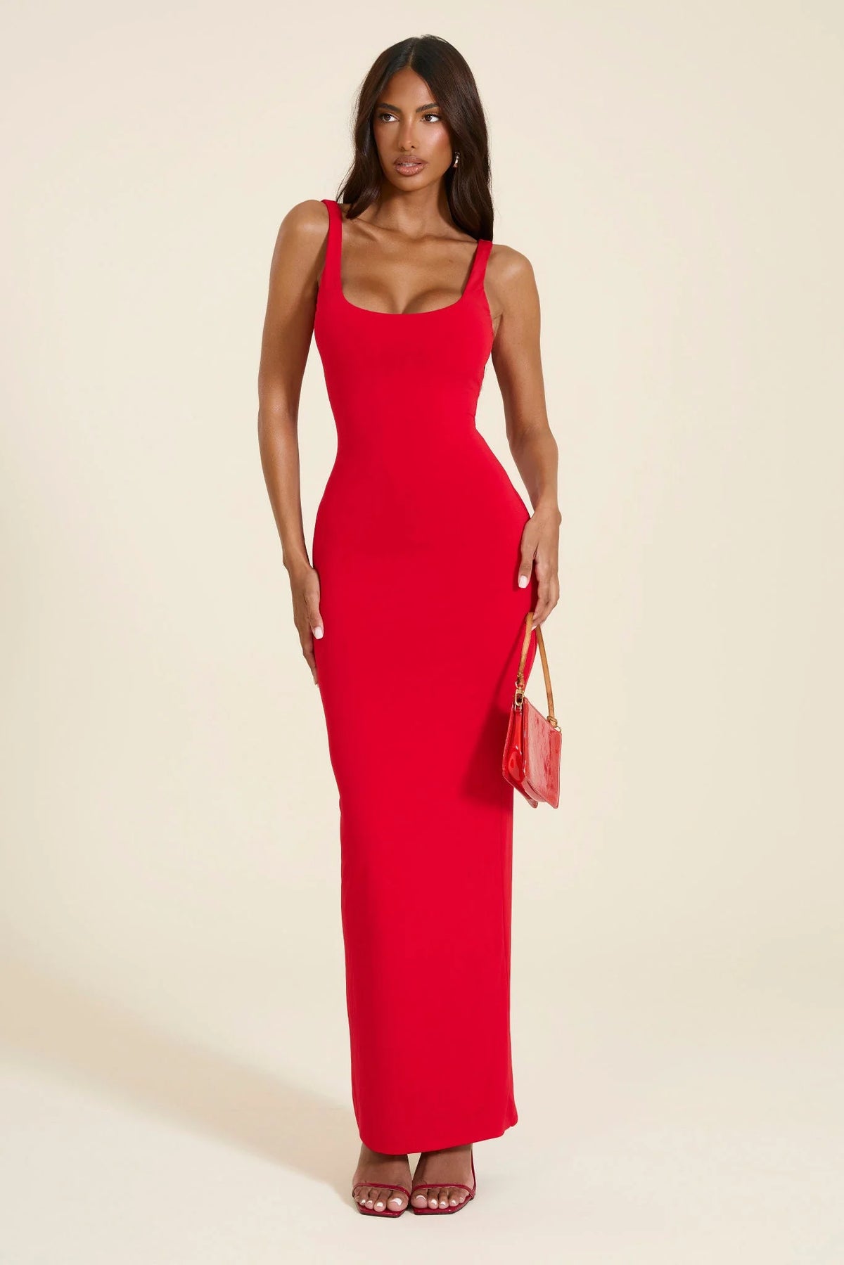 The Sandra Scoop Corset Maxi Dress in Bright Red
