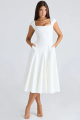 White Square Neck Twill Midi Dress