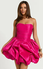 Deb Mini Dress - Ruched Strapless Bubble Hem Dress in Hot Pink