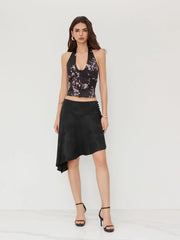 Halter V-Neck Knotted Floral Embroidery Top