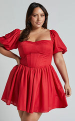 Souza Mini Dress - Fit and Flare Puff Sleeve Corset Dress in Red