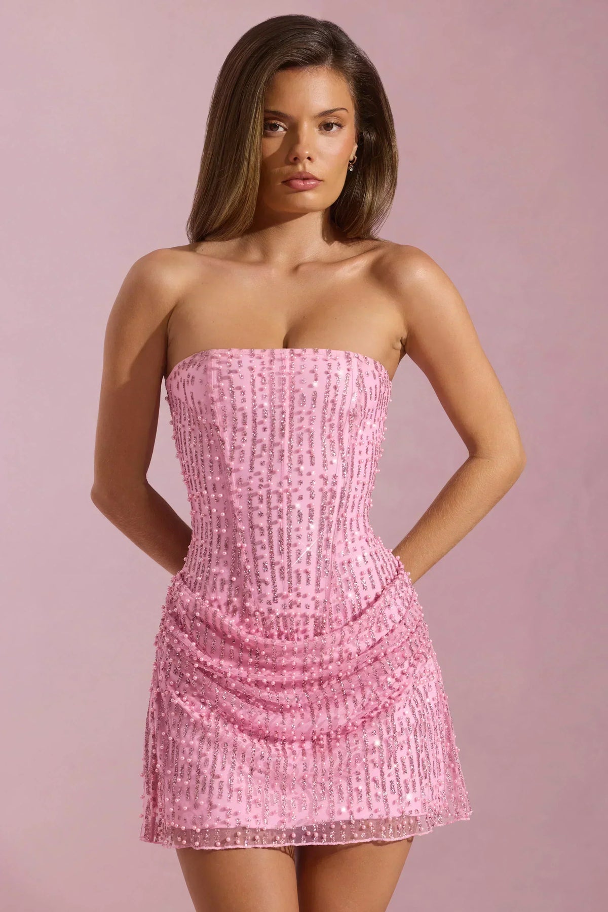 Embellished Draped Strapless A-Line Mini Dress In Pink