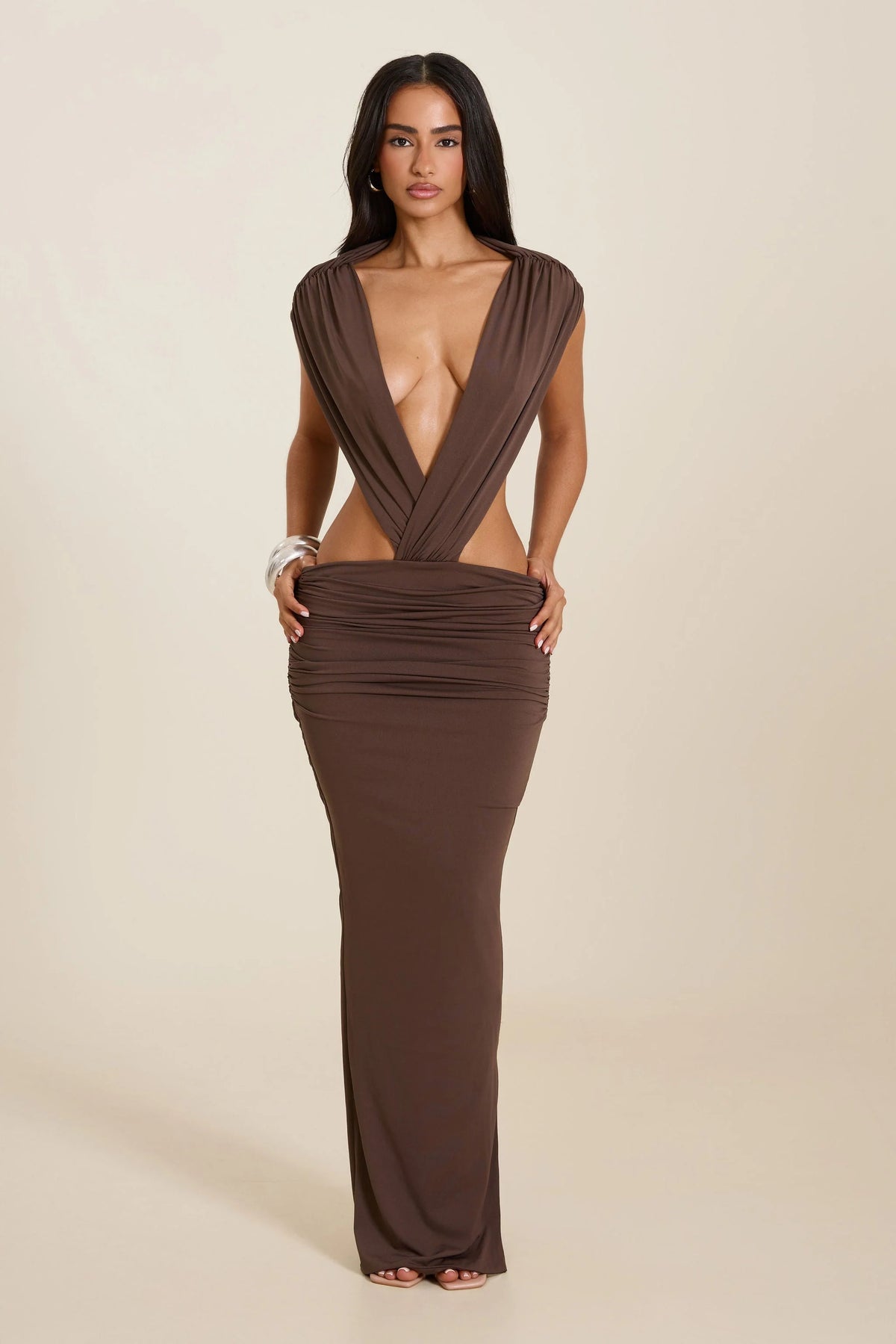 The Tori Ruched Maxi Dress in Brown