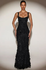 Embellished Appliqué Soft-Scoop Corset Gown In Black