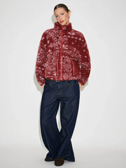 Fleece Stand Collar Paisley Print Oversized Jacket