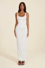 The Sandra Scoop Corset Maxi Dress in Polka Dot