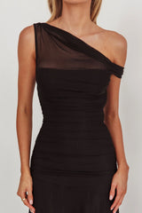 Lylah Asymmetric Neckline Mesh Maxi Dress Black