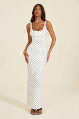 The Sandra Scoop Corset Maxi Dress in Polka Dot